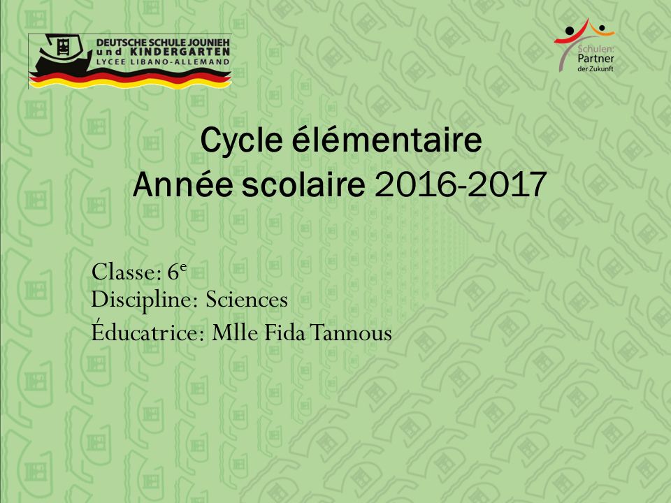 Cycle élémentaire Année scolaire Classe: 6 e Discipline: Sciences Éducatrice: Mlle Fida Tannous