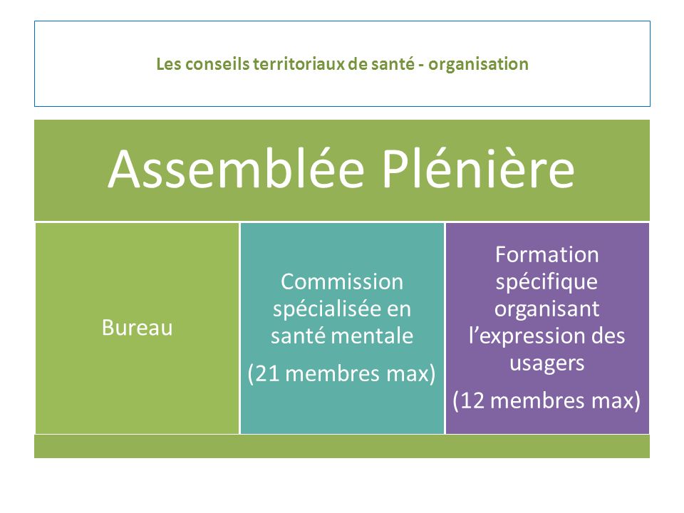 Assemblée Plénière Bureau Commission spécialisée en santé mentale (21 membres max) Formation spécifique organisant l’expression des usagers (12 membres max) Les conseils territoriaux de santé - organisation