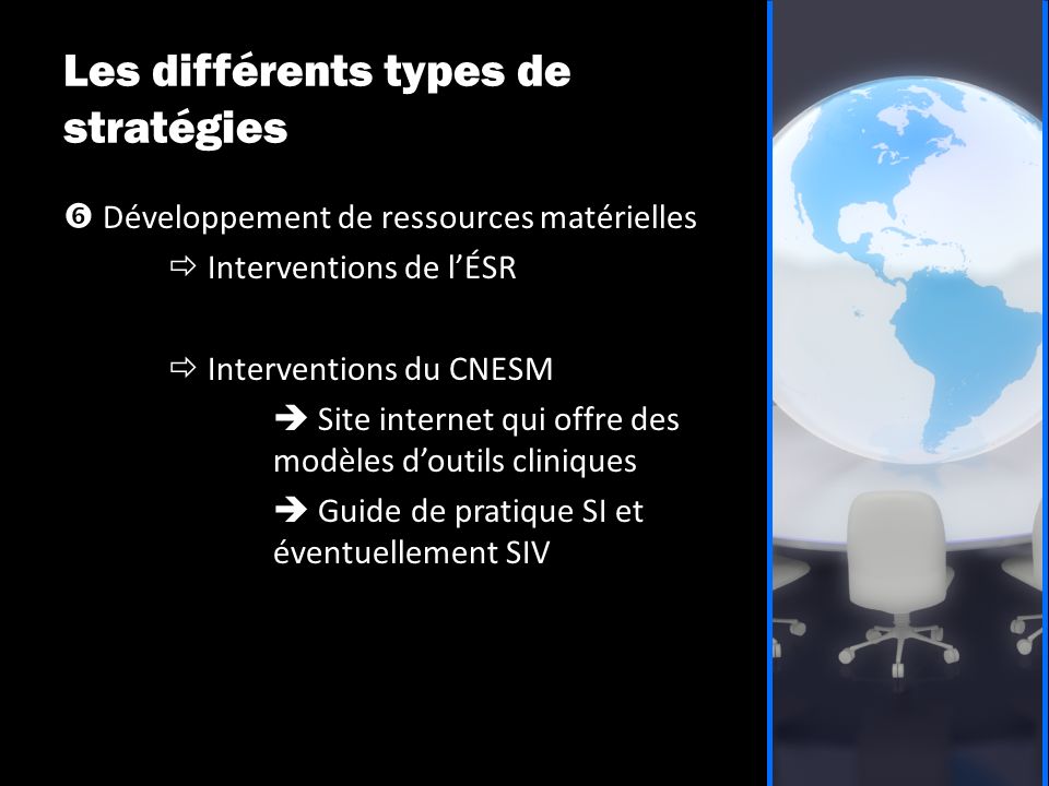 Les différents types de stratégies  Développement de ressources matérielles  Interventions de l’ÉSR  Interventions du CNESM  Site internet qui offre des modèles d’outils cliniques  Guide de pratique SI et éventuellement SIV