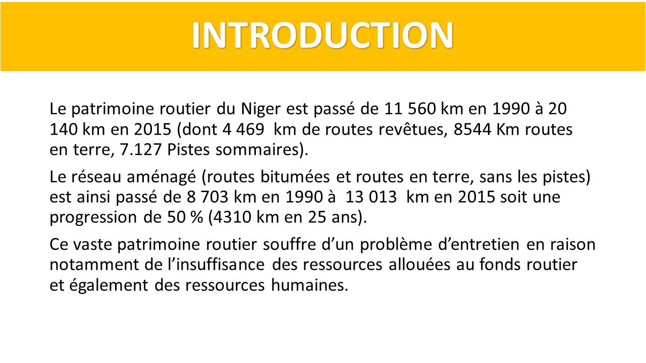 Le patrimoine routier du Niger est passé de km en 1990 à km en 2015 (dont km de routes revêtues, 8544 Km routes en terre, Pistes sommaires).