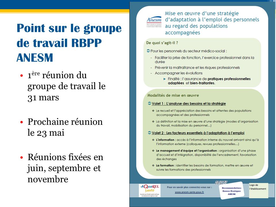 Point sur le groupe de travail RBPP ANESM 16 1 ère réunion du groupe de travail le 31 mars Prochaine réunion le 23 mai Réunions fixées en juin, septembre et novembre