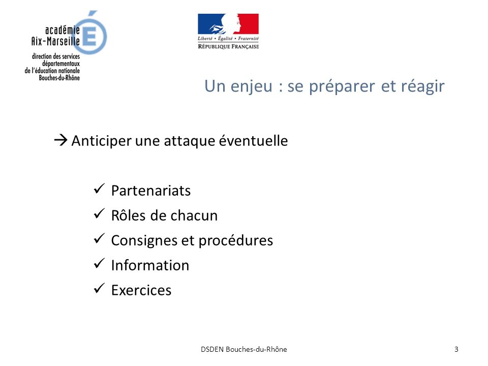 3DSDEN Bouches-du-Rhône Un enjeu : se préparer et réagir  Anticiper une attaque éventuelle Partenariats Rôles de chacun Consignes et procédures Information Exercices