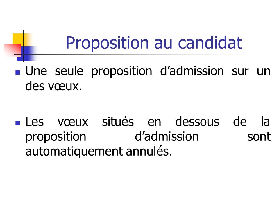 Proposition au candidat Une seule proposition d’admission sur un des vœux.
