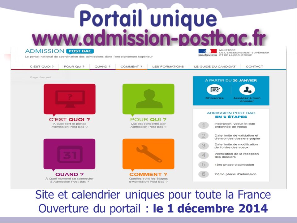 Site et calendrier uniques pour toute la France Ouverture du portail : le 1 décembre 2014
