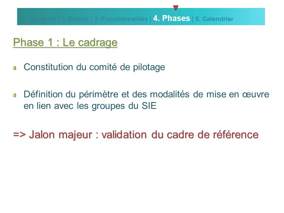 Phase 1 : Le cadrage Constitution du comité de pilotage Définition du périmètre et des modalités de mise en œuvre en lien avec les groupes du SIE => Jalon majeur : validation du cadre de référence 1.