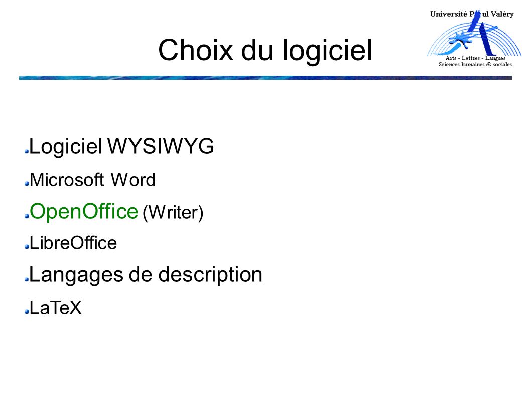 Choix du logiciel Logiciel WYSIWYG Microsoft Word OpenOffice (Writer) LibreOffice Langages de description LaTeX