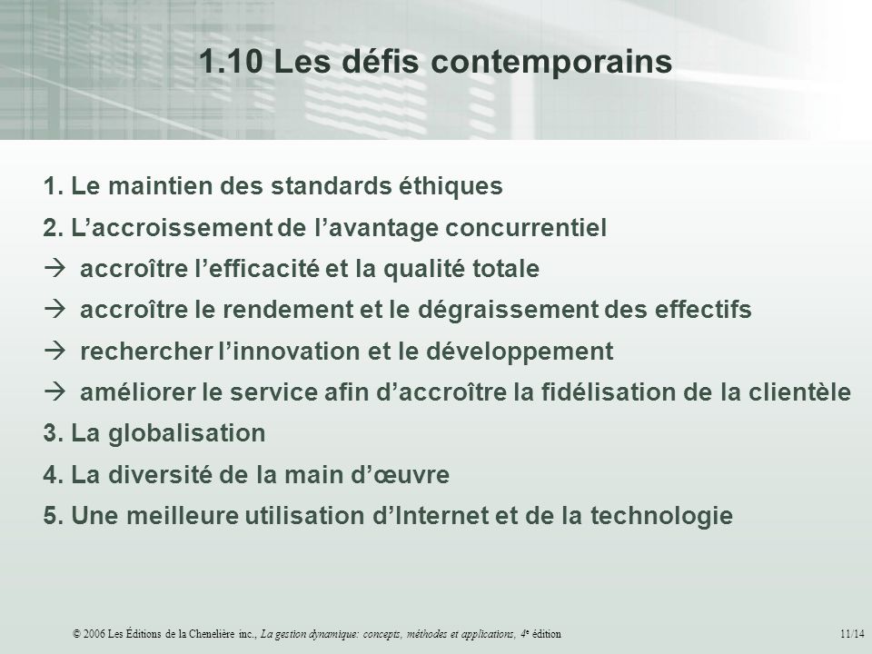 © 2006 Les Éditions de la Chenelière inc., La gestion dynamique: concepts, méthodes et applications, 4 e édition11/ Les défis contemporains 1.
