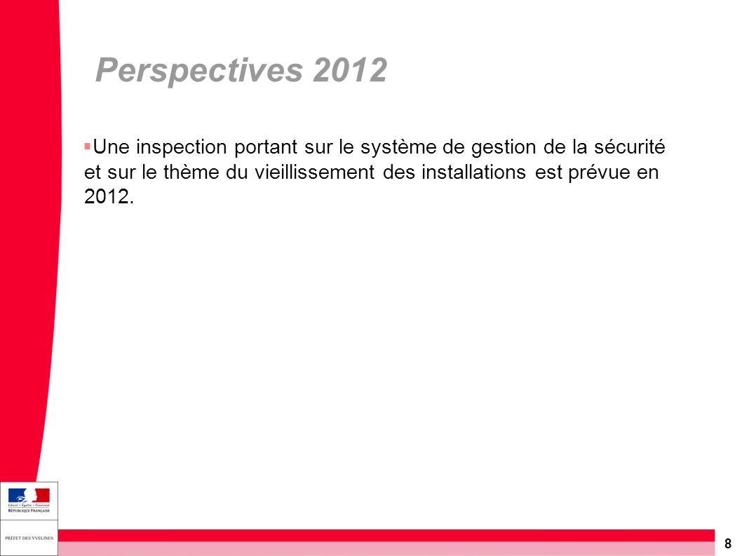 8 Perspectives 2012  Une inspection portant sur le système de gestion de la sécurité et sur le thème du vieillissement des installations est prévue en 2012.
