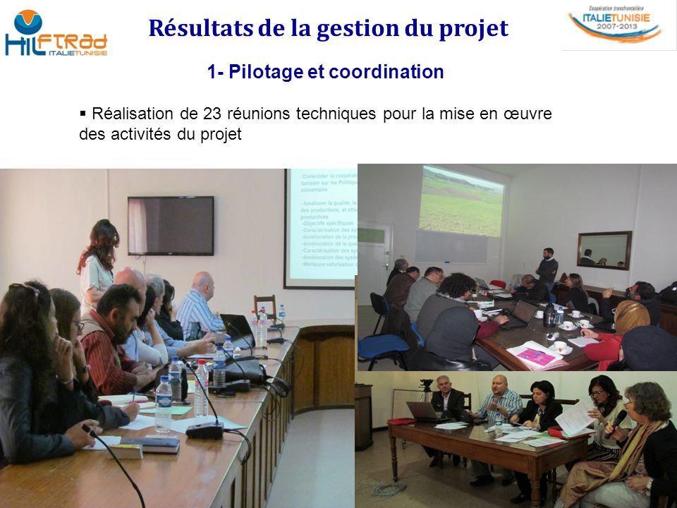 Résultats de la gestion du projet 1- Pilotage et coordination  Réalisation de 23 réunions techniques pour la mise en œuvre des activités du projet