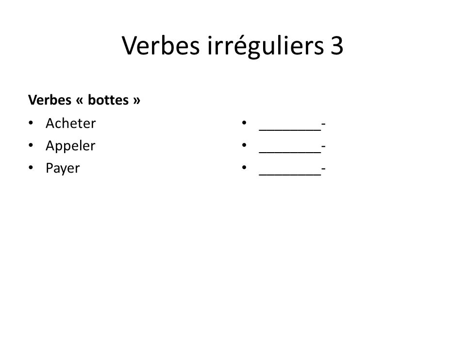 Verbes irréguliers 3 Verbes « bottes » Acheter Appeler Payer ________-