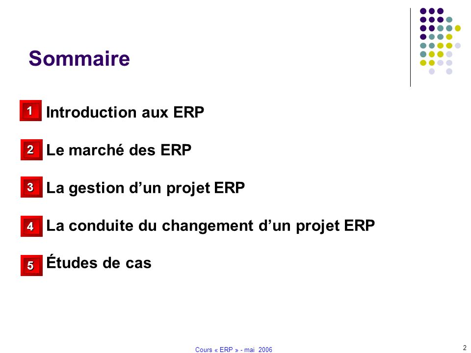 Cours « ERP » - mai Sommaire Introduction aux ERP Le marché des ERP La gestion d’un projet ERP La conduite du changement d’un projet ERP Études de cas
