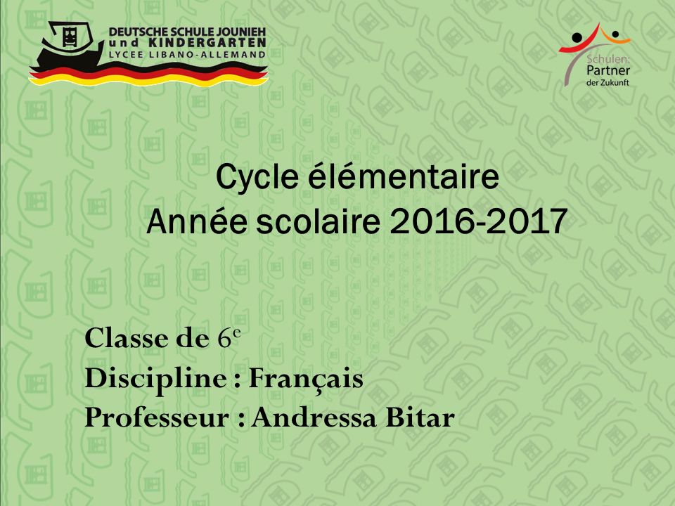 Cycle élémentaire Année scolaire Classe de 6 e Discipline : Français Professeur : Andressa Bitar