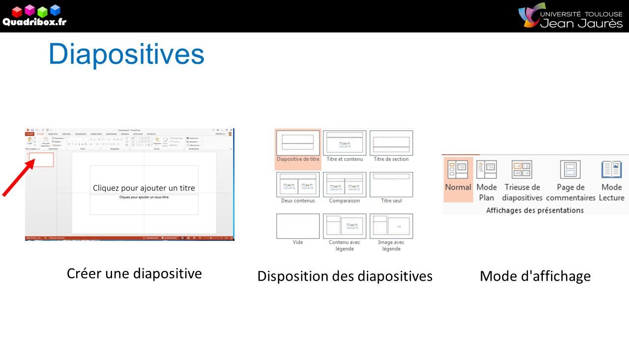 Diapositives Créer une diapositive Disposition des diapositivesMode d affichage