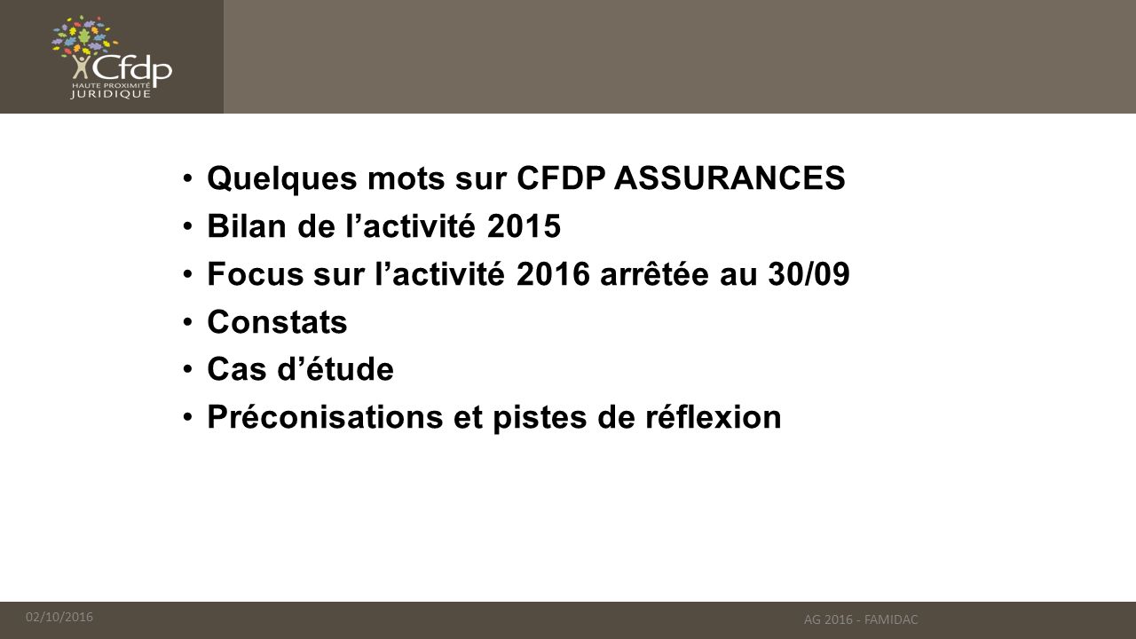 Quelques mots sur CFDP ASSURANCES Bilan de l’activité 2015 Focus sur l’activité 2016 arrêtée au 30/09 Constats Cas d’étude Préconisations et pistes de réflexion 02/10/2016 AG FAMIDAC