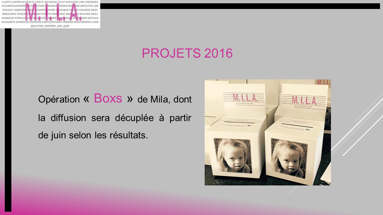 PROJETS 2016 Opération « Boxs » de Mila, dont la diffusion sera décuplée à partir de juin selon les résultats.