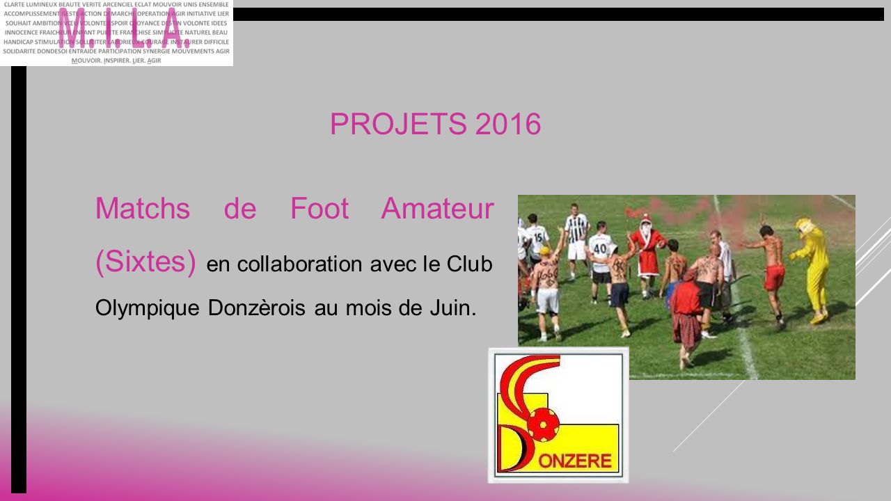 PROJETS 2016 Matchs de Foot Amateur (Sixtes) en collaboration avec le Club Olympique Donzèrois au mois de Juin.