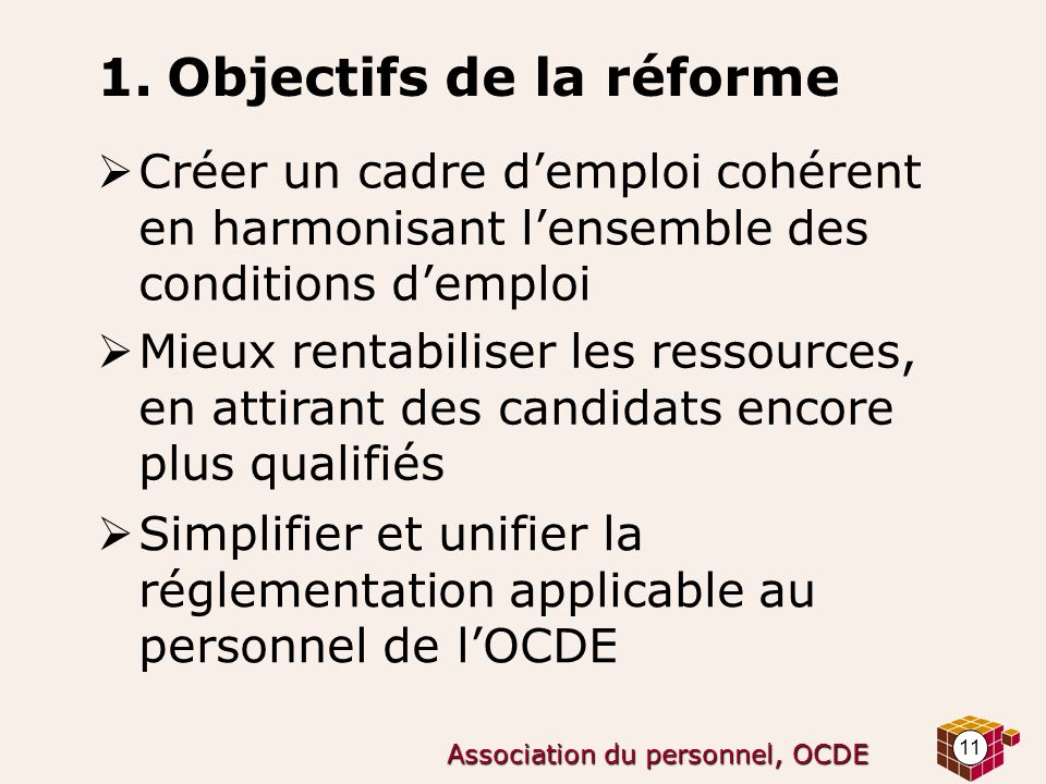 11 Association du personnel, OCDE 1.Objectifs de la réforme  Créer un cadre d’emploi cohérent en harmonisant l’ensemble des conditions d’emploi  Mieux rentabiliser les ressources, en attirant des candidats encore plus qualifiés  Simplifier et unifier la réglementation applicable au personnel de l’OCDE