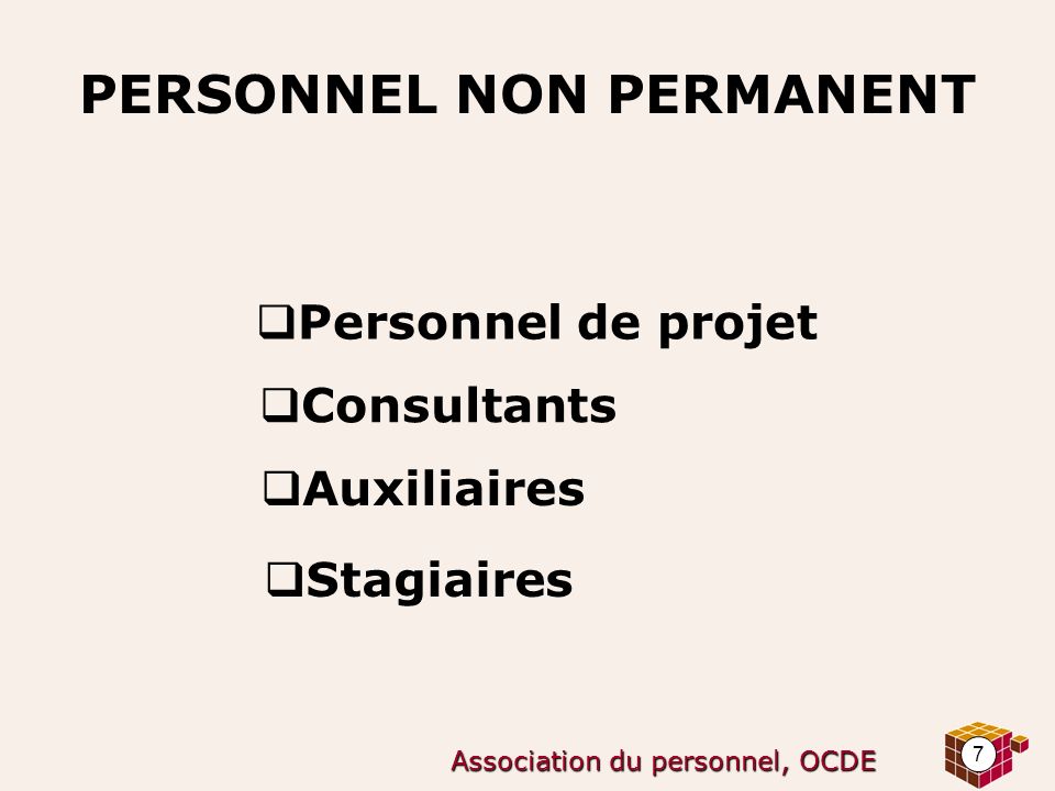 7 Association du personnel, OCDE PERSONNEL NON PERMANENT  Personnel de projet  Consultants  Auxiliaires  Stagiaires