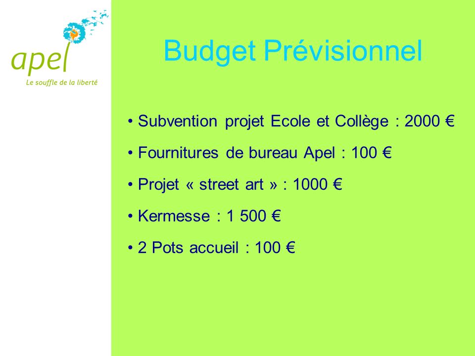 Budget Prévisionnel Subvention projet Ecole et Collège : 2000 € Fournitures de bureau Apel : 100 € Projet « street art » : 1000 € Kermesse : € 2 Pots accueil : 100 €