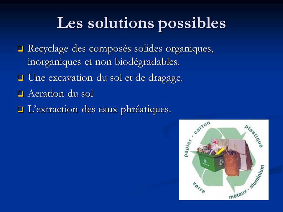 Les solutions possibles  Recyclage des composés solides organiques, inorganiques et non biodégradables.