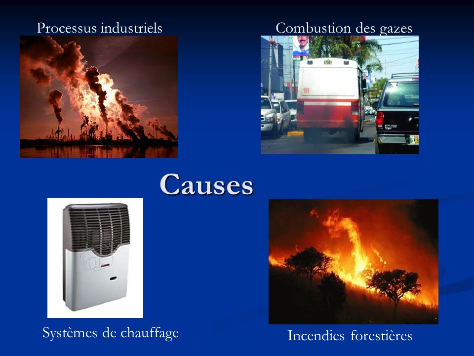 Causes Causes Processus industrielsCombustion des gazes Systèmes de chauffage Incendies forestières