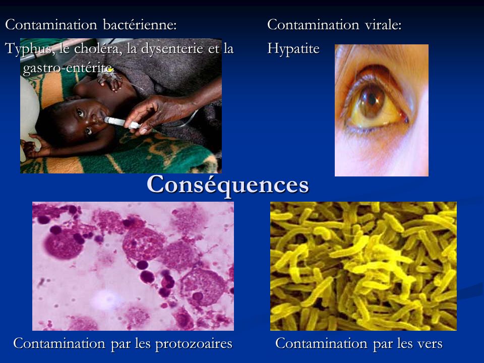 Conséquences Contamination bactérienne: Typhus, le choléra, la dysenterie et la gastro-entérite Contamination virale: Hypatite Contamination par les protozoaires Contamination par les vers