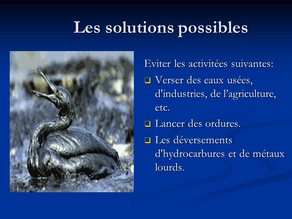 Les solutions possibles Eviter les activitées suivantes:  Verser des eaux usées, d industries, de l’agriculture, etc.