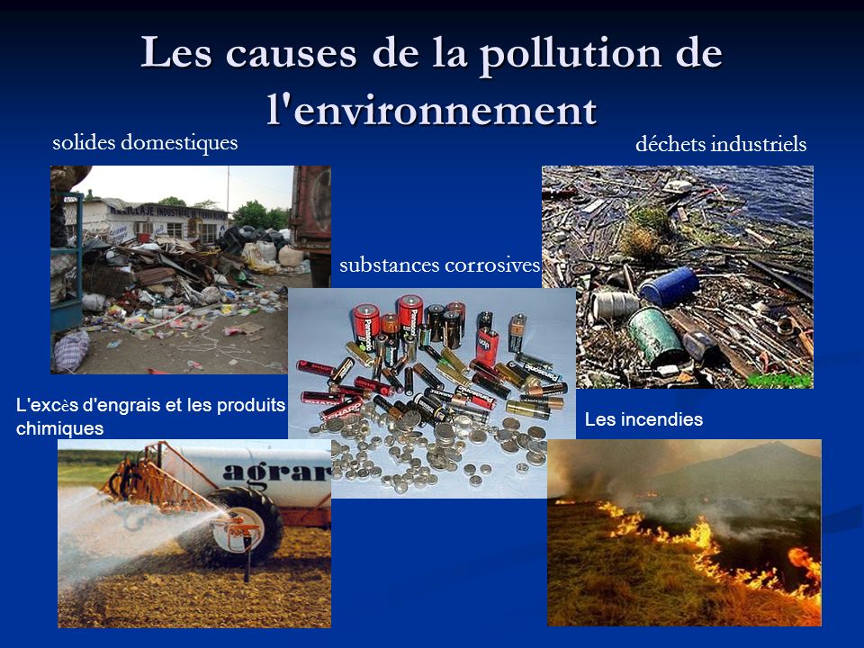 Les causes de la pollution de l environnement L exc è s d engrais et les produits chimiques Les incendies solides domestiques déchets industriels substances corrosives