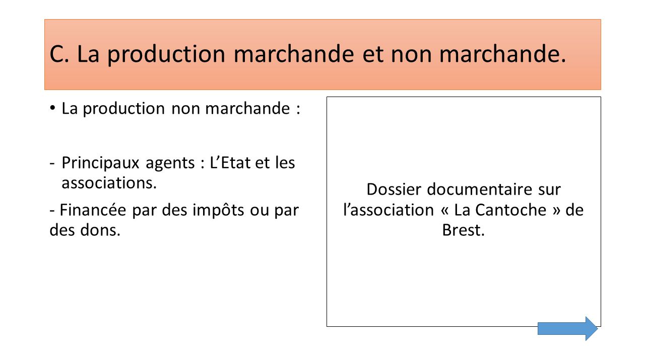 La production non marchande : -Principaux agents : L’Etat et les associations.