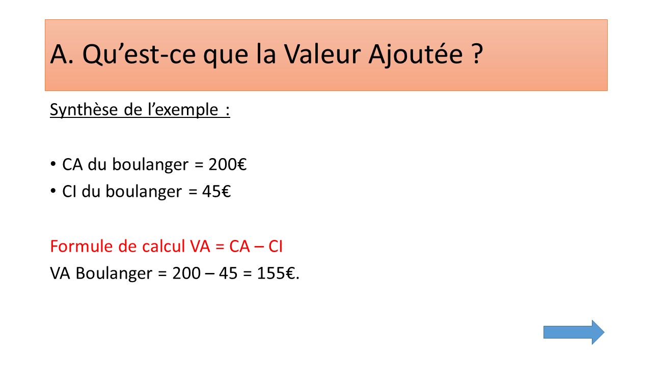 Synthèse de l’exemple : CA du boulanger = 200€ CI du boulanger = 45€ Formule de calcul VA = CA – CI VA Boulanger = 200 – 45 = 155€.