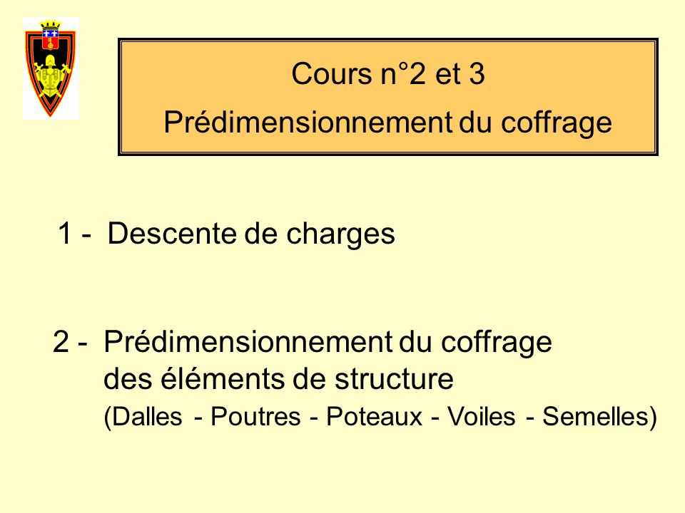 1 - Descente de charges Cours n°2 et 3 Prédimensionnement du coffrage 2 - Prédimensionnement du coffrage des éléments de structure (Dalles - Poutres - Poteaux - Voiles - Semelles)