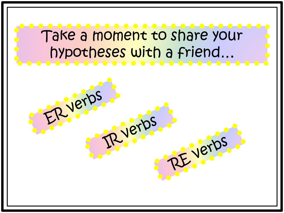 Take a moment to share your hypotheses with a friend… ER verbs IR verbs RE verbs