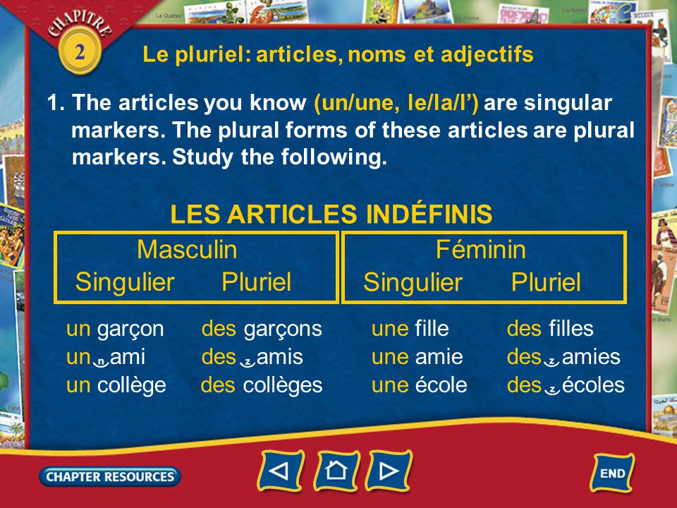 2 Le pluriel: articles, noms et adjectifs 1.The articles you know (un/une, le/la/l) are singular markers.