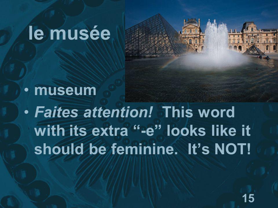 15 le musée museum Faites attention. This word with its extra -e looks like it should be feminine.
