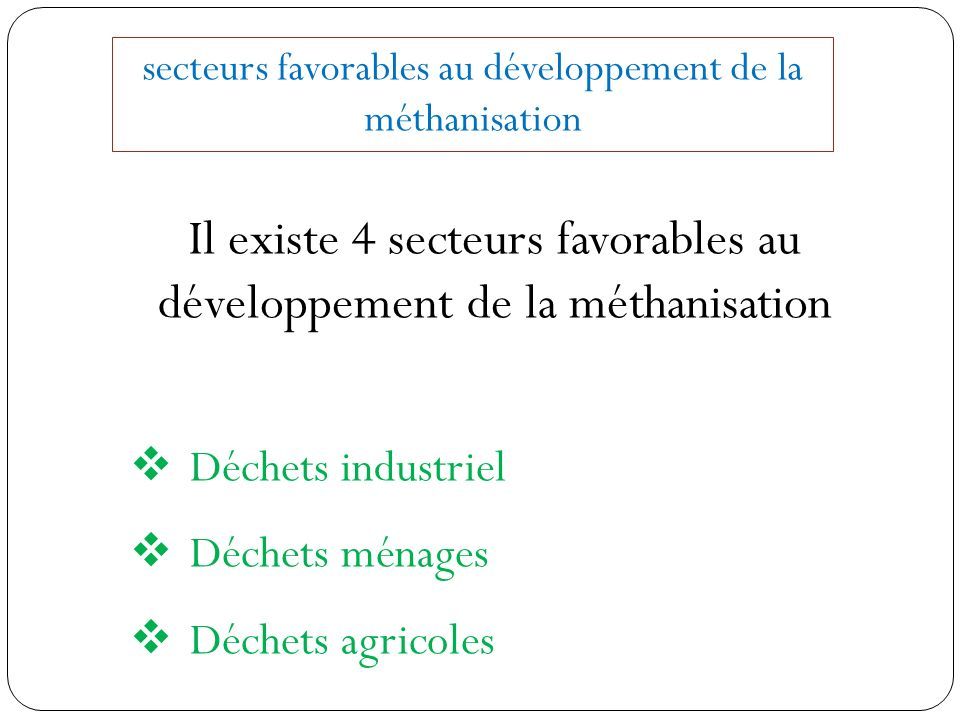 secteurs favorables au développement de la méthanisation Il existe 4 secteurs favorables au développement de la méthanisation  Déchets industriel  Déchets ménages  Déchets agricoles