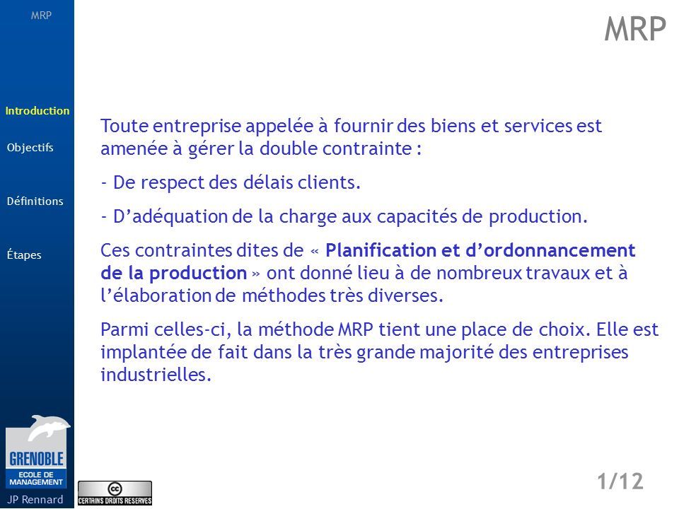 MRP Étapes 1/12 Introduction Définitions JP Rennard Objectifs Toute entreprise appelée à fournir des biens et services est amenée à gérer la double contrainte : - De respect des délais clients.