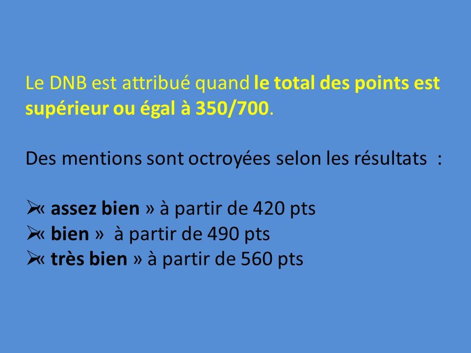 Le DNB est attribué quand le total des points est supérieur ou égal à 350/700.