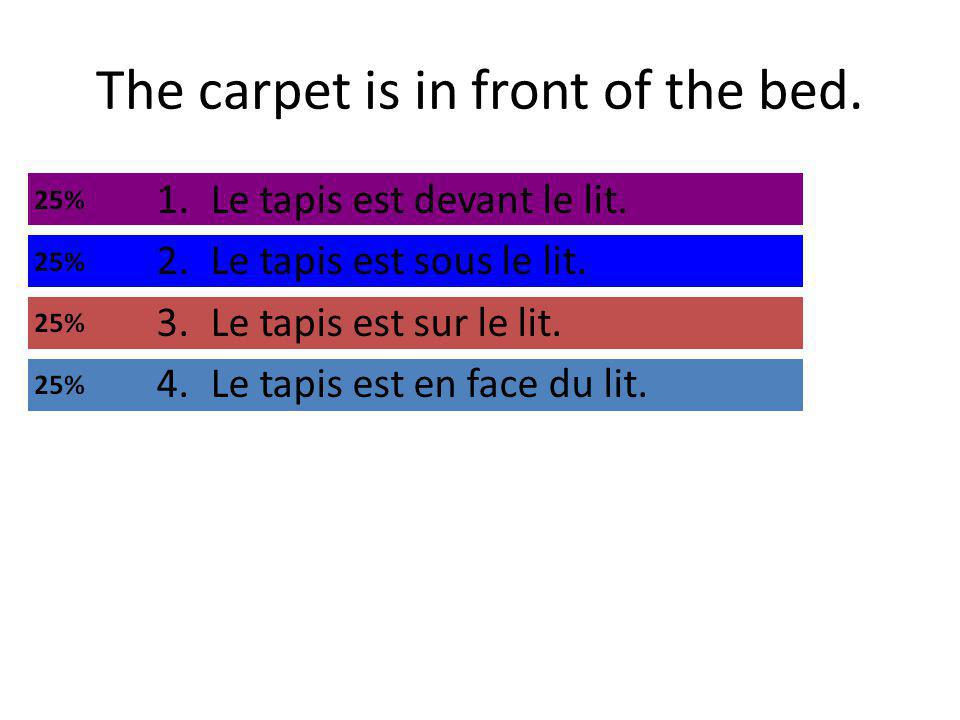 The carpet is in front of the bed. 1.Le tapis est devant le lit.