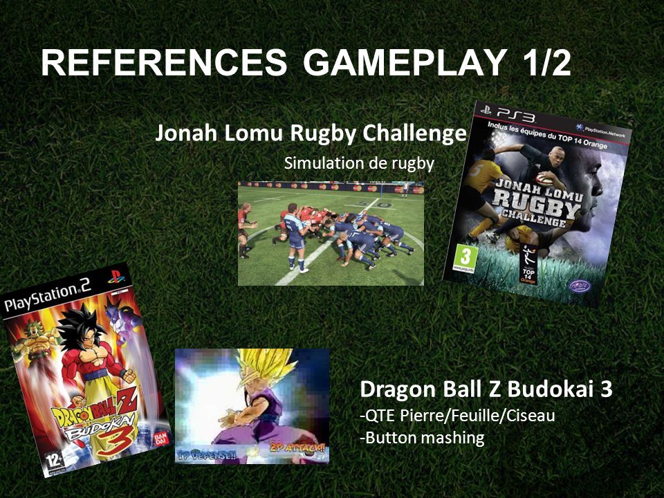 REFERENCES GAMEPLAY 1/2 Jonah Lomu Rugby Challenge Simulation de rugby Dragon Ball Z Budokai 3 -QTE Pierre/Feuille/Ciseau -Button mashing