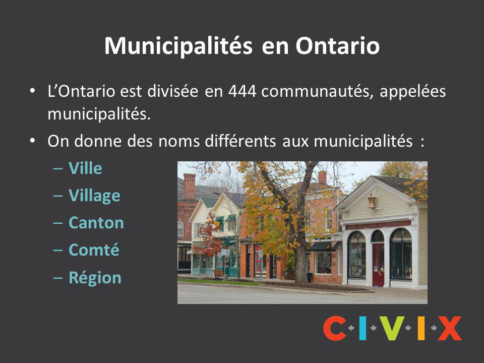 Municipalités en Ontario L’Ontario est divisée en 444 communautés, appelées municipalités.