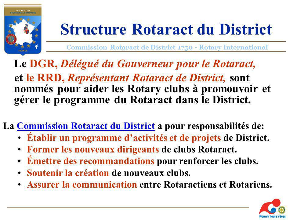 Commission Rotaract de District Rotary International Structure Rotaract du District Le DGR, Délégué du Gouverneur pour le Rotaract, et le RRD, Représentant Rotaract de District, sont nommés pour aider les Rotary clubs à promouvoir et gérer le programme du Rotaract dans le District.