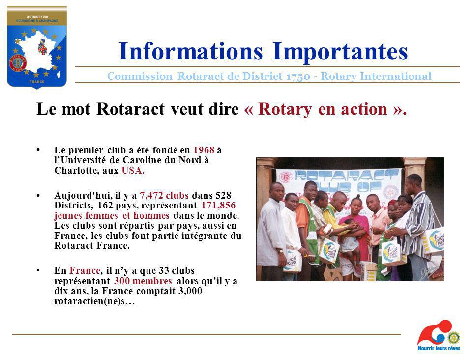 Commission Rotaract de District Rotary International Informations Importantes Le premier club a été fondé en 1968 à lUniversité de Caroline du Nord à Charlotte, aux USA.