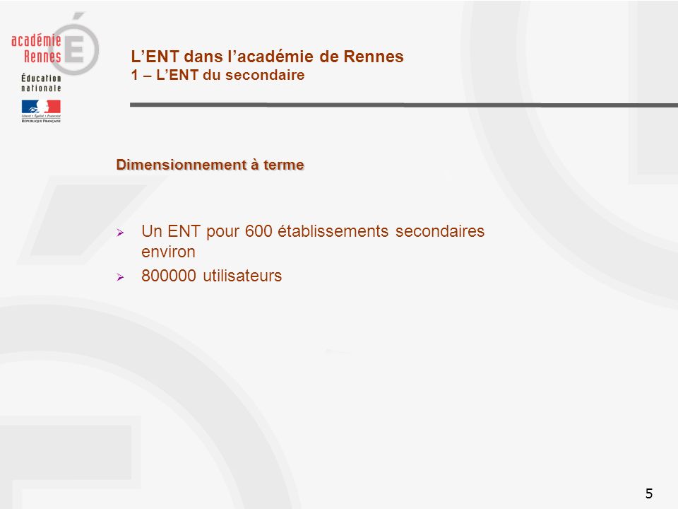 5 LENT dans lacadémie de Rennes 1 – LENT du secondaire Dimensionnement à terme Un ENT pour 600 établissements secondaires environ utilisateurs