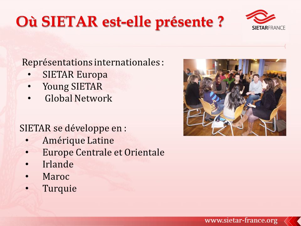 Représentations internationales : SIETAR Europa Young SIETAR Global Network SIETAR se développe en : Amérique Latine Europe Centrale et Orientale Irlande Maroc Turquie