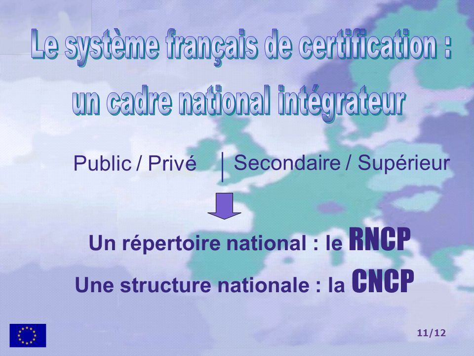 11/12 Public / Privé Secondaire / Supérieur Un répertoire national : le RNCP Une structure nationale : la CNCP