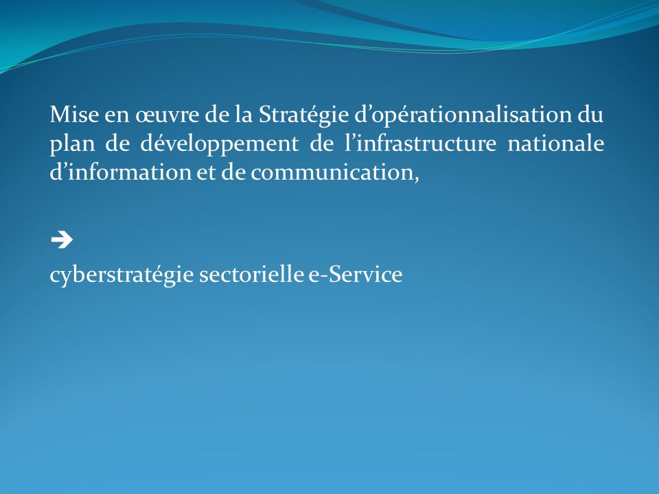 Mise en œuvre de la Stratégie dopérationnalisation du plan de développement de linfrastructure nationale dinformation et de communication, cyberstratégie sectorielle e-Service