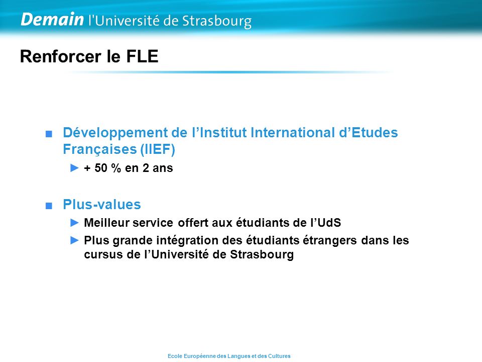 Renforcer le FLE Développement de lInstitut International dEtudes Françaises (IIEF) + 50 % en 2 ans Plus-values Meilleur service offert aux étudiants de lUdS Plus grande intégration des étudiants étrangers dans les cursus de lUniversité de Strasbourg Ecole Européenne des Langues et des Cultures