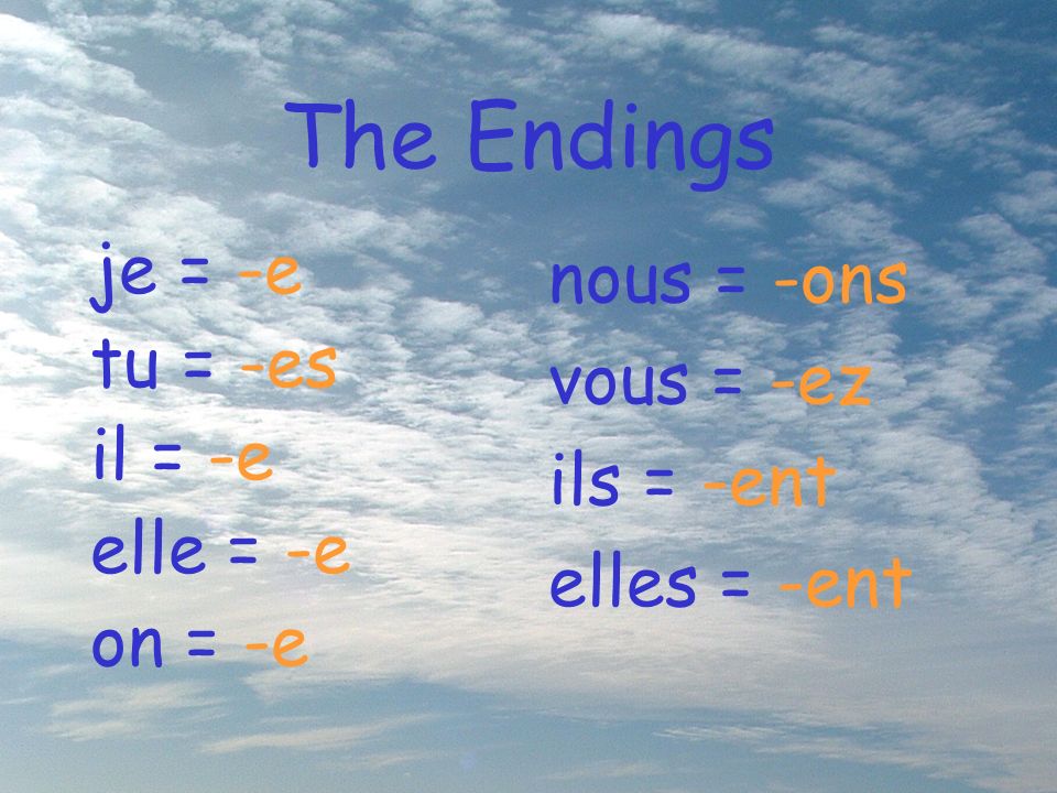 The Endings je = -e tu = -es il = -e elle = -e on = -e nous = -ons vous = -ez ils = -ent elles = -ent