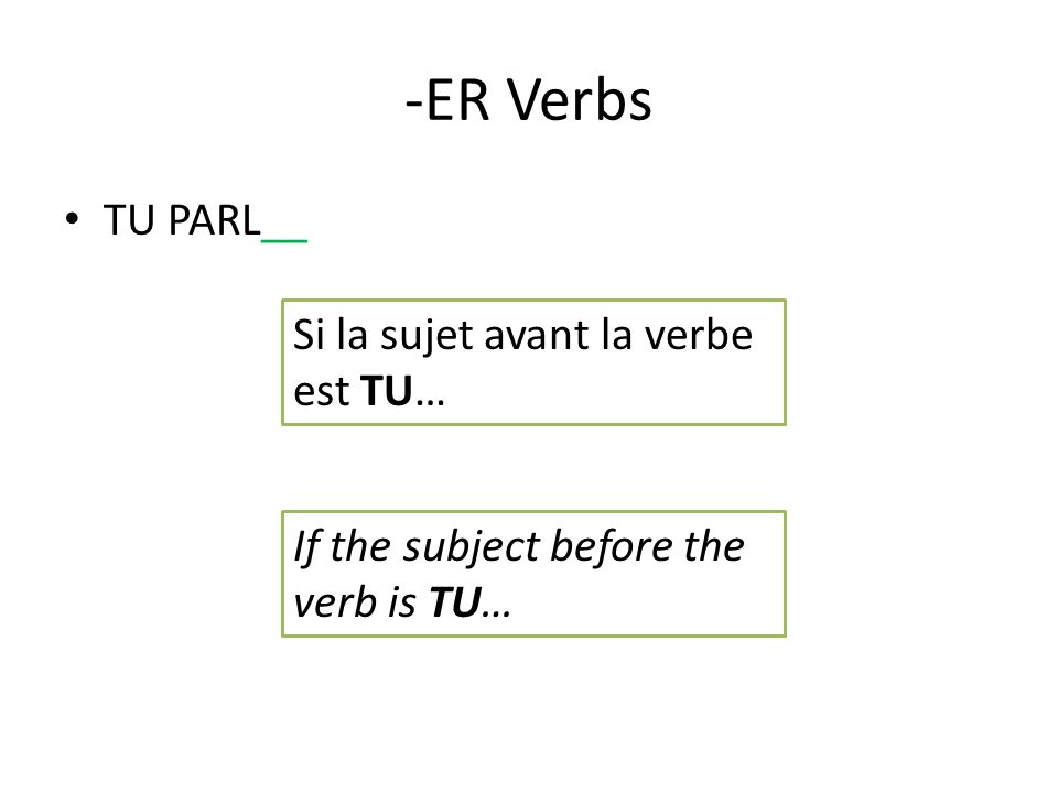 -ER Verbs TU PARL__ Si la sujet avant la verbe est TU… If the subject before the verb is TU…