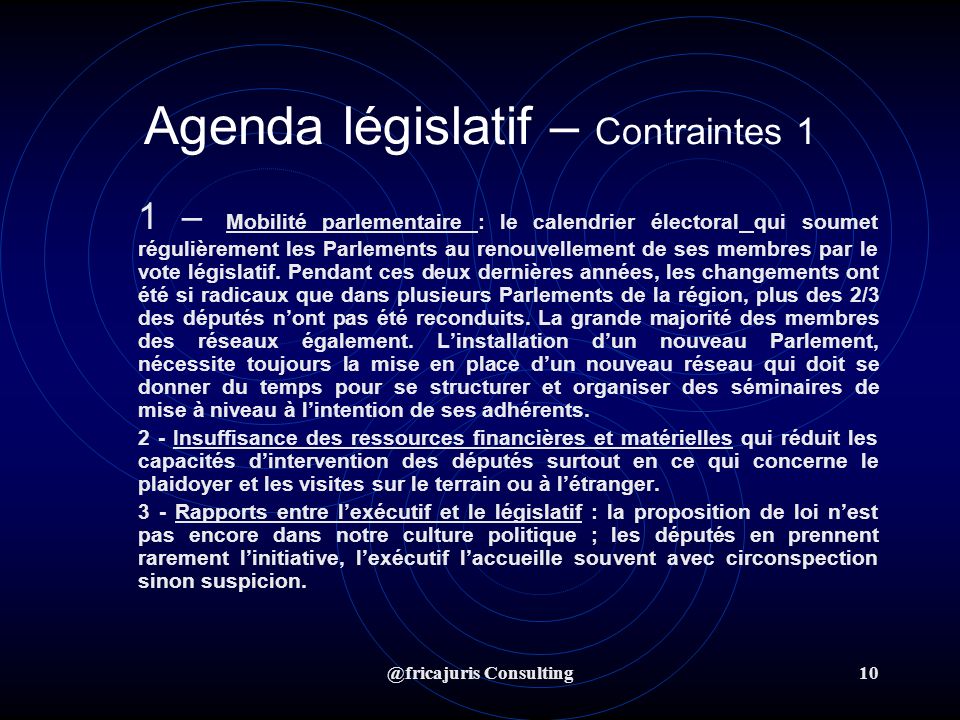 @fricajuris Consulting10 Agenda législatif – Contraintes 1 1 – Mobilité parlementaire : le calendrier électoral qui soumet régulièrement les Parlements au renouvellement de ses membres par le vote législatif.